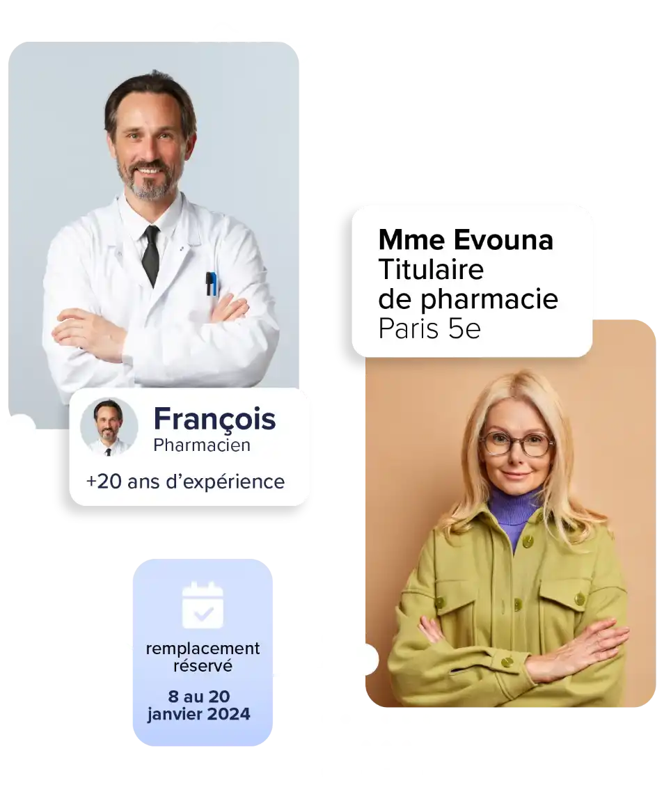 François, pharmacien avec 20 ans d'expérience et Mme Evouna, titulaire de pharmacie ont en remplacement réservé du 8 au 20 janvier 2024 grâce à Alloopharma